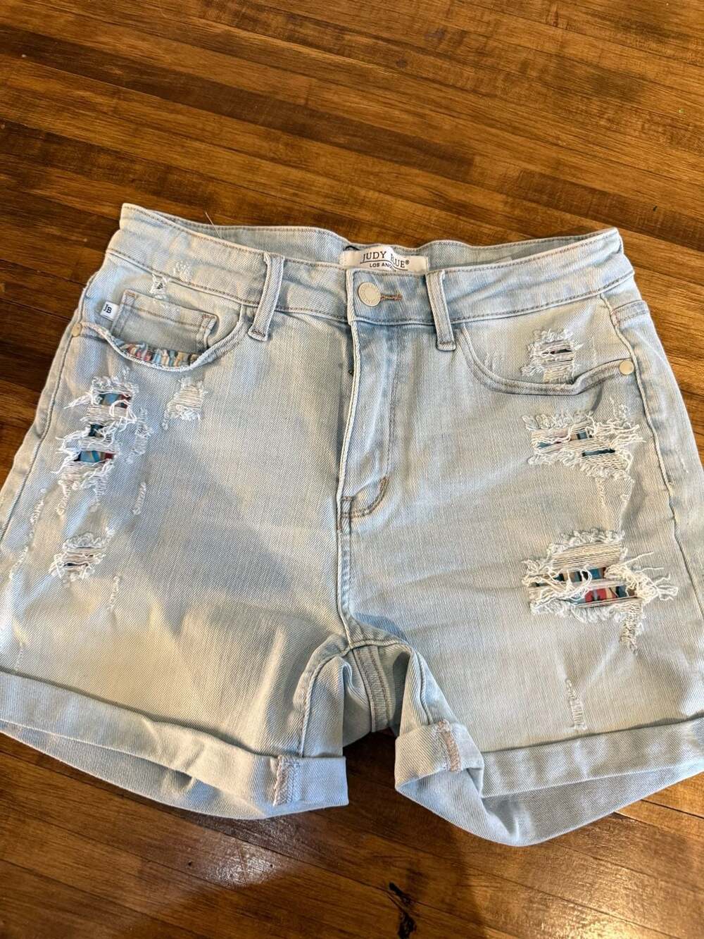 Judy Blue High Rise Light Wash Cuffed Shorts with Aztec Design Printed